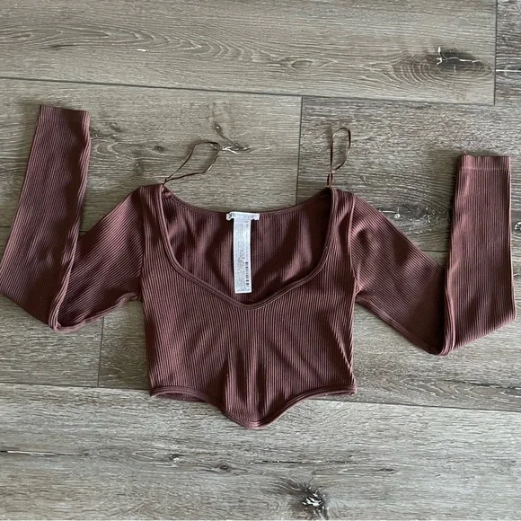 Zara Seamless Corset Top long sleeve and asymmetric hem Brown Size XS-S - Picture 2 of 5